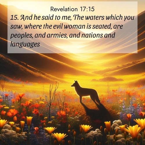 BasicEnglish Book of Revelation  ; image nature: image with the bible verse :And he said to me, The waters which you saw, where the evil woman is seated, are peoples, and armies, and nations and languages. ; Access a vast collection of Bible verse images illustrated with natural landscapes like calm rivers, blooming fields, and bright horizons. These images emphasize the serenity and splendor of God&#039;s creation, accompanied by aesthetic fonts and joyful colors. Download verses like KJV Book of Revelation 17:15 and share them. Current verse is overlayed with the thematic nature scene : Spring wildflowers carpet Death Valley in gold. A coyote&#039;s silhouette melts into the blooms. ; 17:15