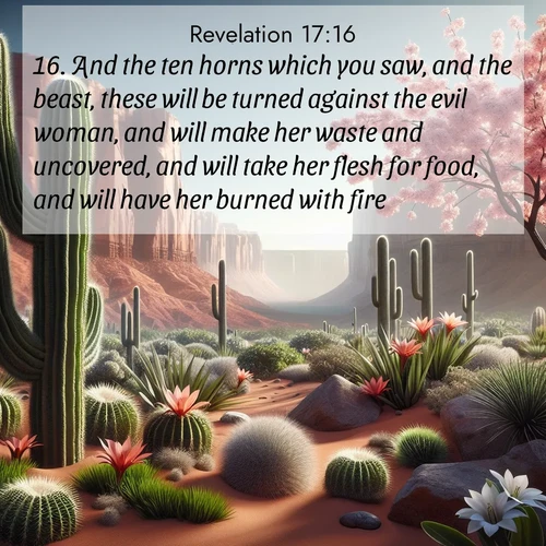 BasicEnglish Book of Revelation  ; image nature: image with the bible verse :And the ten horns which you saw, and the beast, these will be turned against the evil woman, and will make her waste and uncovered, and will take her flesh for food, and will have her burned with fire. ; Explore free Bible verse images with stunning nature themes, including sunlit paths, forest clearings, and endless horizons. Perfect for desktop backgrounds or phone wallpapers. Verses include KJV Book of Revelation 17:16. Current verse is overlayed with the thematic nature scene : Desert cacti burst with spring blooms against red sandstone formations. ; 17:16