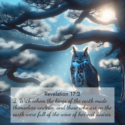 BasicEnglish Book of Revelation  ; image nature: image with the bible verse :With whom the kings of the earth made themselves unclean, and those who are on the earth were full of the wine of her evil desires. ; Discover our unique collection of Bible verse images integrated with photos showcasing the majesty of nature, such as rocky mountains, ancient trees, and crystal-clear lakes. These images feature luminous colors and text in varied fonts, reflecting the harmony of God&#039;s creation. Download verses like KJV Book of Revelation 17:2. Current verse is overlayed with the thematic nature scene : A great horned owl watches from ancient pine branches. Moonlight silvers its silent wings. ; 17:2