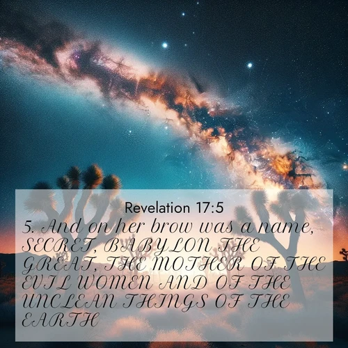 BasicEnglish Book of Revelation  ; image nature: image with the bible verse :And on her brow was a name, SECRET, BABYLON THE GREAT, THE MOTHER OF THE EVIL WOMEN AND OF THE UNCLEAN THINGS OF THE EARTH. ; Explore Bible verse images beautifully illustrated with spring scenes, such as blooming meadows, trees in full bloom, and tranquil streams. These landscapes convey divine hope and vitality. Download and share verses like KJV Book of Revelation 17:5. Current verse is overlayed with the thematic nature scene : Joshua trees reach twisted arms to desert stars. The Milky Way arcs overhead like a river of light. ; 17:5