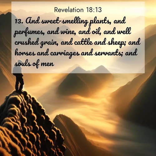 BasicEnglish Book of Revelation  ; image nature: image with the bible verse :And sweet-smelling plants, and perfumes, and wine, and oil, and well crushed grain, and cattle and sheep; and horses and carriages and servants; and souls of men. ; Discover Bible images adorned with spring landscapes, like tulip fields, cherry blossoms, and green hills. These bright scenes symbolize God&#039;s renewal and grace. Download verses like KJV Book of Revelation 18:13. Current verse is overlayed with the thematic nature scene : A solitary climber watches sunrise from a knife-edge ridge. Golden light spills into valleys of morning mist. ; 18:13