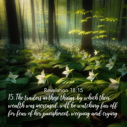 BasicEnglish Book of Revelation  ; image nature: image with the bible verse :The traders in these things, by which their wealth was increased, will be watching far off for fear of her punishment, weeping and crying; ; Admire our free collection of Bible verse images with beautiful landscapes like sunlit forests, rippling waters, and radiant dawns. Each verse, such as KJV Book of Revelation 18:15, is ready to download and share. Current verse is overlayed with the thematic nature scene : Wild trillium carpets the forest floor. Sunlight filters green through new spring leaves. ; 18:15