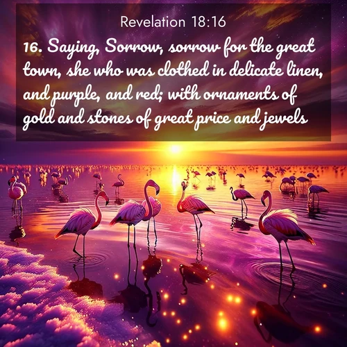 BasicEnglish Book of Revelation  ; image nature: image with the bible verse :Saying, Sorrow, sorrow for the great town, she who was clothed in delicate linen, and purple, and red; with ornaments of gold and stones of great price and jewels! ; Explore an inspiring selection of Bible verse images adorned with nature photos, such as starry skies, verdant hills, and golden beaches. Each image reflects the peace and beauty of God&#039;s creation with vibrant colors and varied fonts. Share uplifting verses like KJV Book of Revelation 18:16. Current verse is overlayed with the thematic nature scene : Wild flamingos wade through salt lake shallows. Sunset turns the water to liquid gold. ; 18:16
