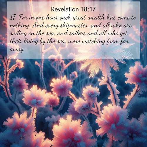 BasicEnglish Book of Revelation  ; image nature: image with the bible verse :For in one hour such great wealth has come to nothing. And every shipmaster, and all who are sailing on the sea, and sailors and all who get their living by the sea, were watching from far away, ; Browse our library of beautiful Bible verse images, perfect for wallpapers or sharing. Each verse is paired with serene natural landscapes like misty mountains, calming beaches, and colorful sunsets. Download and enjoy verses such as KJV Book of Revelation 18:17. Current verse is overlayed with the thematic nature scene : Morning light reveals frost flowers. Rainbow crystals bloom on bare branches. ; 18:17