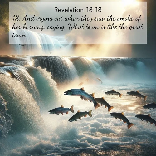 BasicEnglish Book of Revelation  ; image nature: image with the bible verse :And crying out when they saw the smoke of her burning, saying, What town is like the great town? ; Browse our collection of vibrant Bible verse images set against calming backdrops like tropical shores, quiet woods, and majestic mountains. Download free wallpapers featuring KJV Book of Revelation 18:18. Current verse is overlayed with the thematic nature scene : Wild salmon leap ancient waterfalls. Mist rises like spirits in morning light. ; 18:18