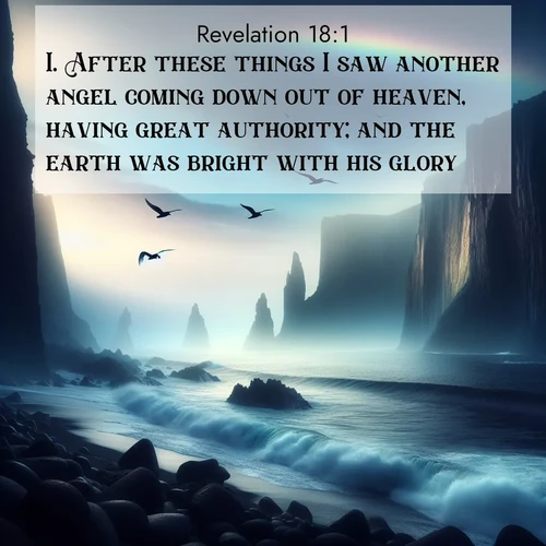 BasicEnglish Book of Revelation  ; image nature: image with the bible verse :After these things I saw another angel coming down out of heaven, having great authority; and the earth was bright with his glory. ; Discover a rich selection of Bible verse images illustrated by natural landscapes like tranquil beaches, golden fields, and majestic trees. These images aim to capture the peace and beauty of God&#039;s creation, with vibrant colors and varied typography. Download and share inspiring verses like KJV Book of Revelation 18:1. Current verse is overlayed with the thematic nature scene : Ocean waves crash against volcanic cliffs as seabirds wheel overhead, creating momentary rainbows. ; 18:1