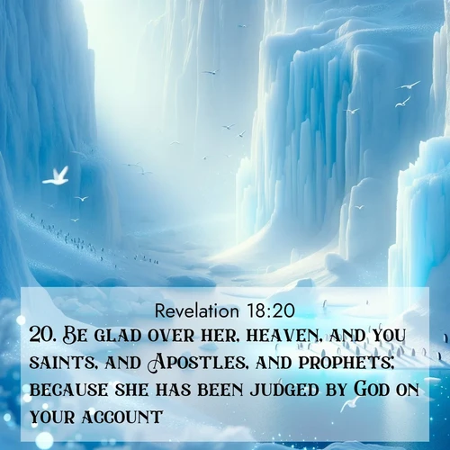BasicEnglish Book of Revelation  ; image nature: image with the bible verse :Be glad over her, heaven, and you saints, and Apostles, and prophets; because she has been judged by God on your account. ; Download Bible verse images paired with breathtaking nature photos like golden deserts, shimmering seas, and blossoming orchards. These high-quality, free images are perfect for wallpapers or sharing. Verses include KJV Book of Revelation 18:20. Current verse is overlayed with the thematic nature scene : Antarctic ice cliffs glow blue in the endless polar day. A penguin colony dots the frozen shore below. ; 18:20