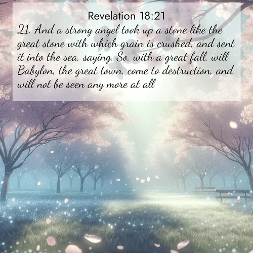 BasicEnglish Book of Revelation  ; image nature: image with the bible verse :And a strong angel took up a stone like the great stone with which grain is crushed, and sent it into the sea, saying, So, with a great fall, will Babylon, the great town, come to destruction, and will not be seen any more at all. ; Admire Bible verse images illustrated by summer photos, such as sunny beaches, sparkling waves, and swaying palm trees. These bright scenes highlight the joy and warmth of God&#039;s creation. Download and share verses like KJV Book of Revelation 18:21. Current verse is overlayed with the thematic nature scene : Spring rain falls on cherry trees in full bloom, petals drifting like snow. ; 18:21