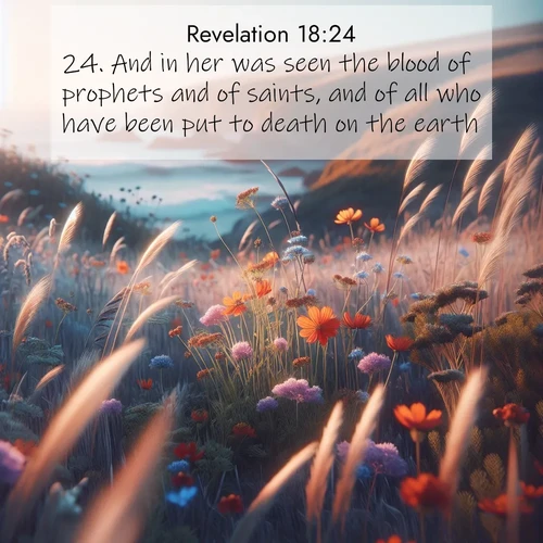 BasicEnglish Book of Revelation  ; image nature: image with the bible verse :And in her was seen the blood of prophets and of saints, and of all who have been put to death on the earth. ; Explore beautiful Bible verse images paired with serene natural settings, such as calm seas, snowy paths, and verdant hills. Each image is free to download for your spiritual inspiration. Share KJV Book of Revelation 18:24. Current verse is overlayed with the thematic nature scene : Summer wildflowers wave in the breeze on coastal bluffs. ; 18:24