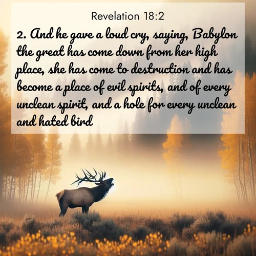 BasicEnglish Book of Revelation  ; image nature: image with the bible verse :And he gave a loud cry, saying, Babylon the great has come down from her high place, she has come to destruction and has become a place of evil spirits, and of every unclean spirit, and a hole for every unclean and hated bird. ; Discover beautiful Bible verse images enriched with natural landscapes, from serene beaches to cascading waterfalls. All images are free and ready to download. Share verses such as KJV Book of Revelation 18:2. Current verse is overlayed with the thematic nature scene : A bull elk bugles across a misty valley. Aspen leaves quake golden in response. ; 18:2