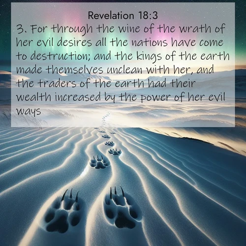 BasicEnglish Book of Revelation  ; image nature: image with the bible verse :For through the wine of the wrath of her evil desires all the nations have come to destruction; and the kings of the earth made themselves unclean with her, and the traders of the earth had their wealth increased by the power of her evil ways. ; Explore winter-themed Bible verse images illustrated by snowy mountains, frost-covered branches, and clear skies. These landscapes reflect divine purity and peace. Download verses like KJV Book of Revelation 18:3. Current verse is overlayed with the thematic nature scene : Arctic fox tracks cross windswept tundra. Northern lights pulse overhead in cosmic rhythm. ; 18:3