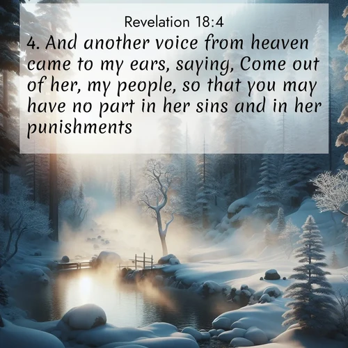 BasicEnglish Book of Revelation  ; image nature: image with the bible verse :And another voice from heaven came to my ears, saying, Come out of her, my people, so that you may have no part in her sins and in her punishments. ; Explore a rich collection of Bible verse images beautifully illustrated by natural landscapes, such as colorful skies, towering mountains, and tranquil rivers. The images highlight the serenity of God&#039;s creation with vivid tones and carefully chosen typography. Download and share inspiring verses like KJV Book of Revelation 18:4. Current verse is overlayed with the thematic nature scene : Morning mist rises from a hot spring in a snow-covered forest. ; 18:4