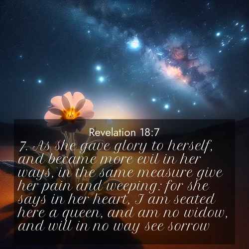 BasicEnglish Book of Revelation  ; image nature: image with the bible verse :As she gave glory to herself, and became more evil in her ways, in the same measure give her pain and weeping: for she says in her heart, I am seated here a queen, and am no widow, and will in no way see sorrow. ; Explore our gallery of inspiring Bible verse images showcasing divine beauty through nature. Download scenic images like snowy peaks, lush meadows, or radiant sunsets paired with verses like KJV Book of Revelation 18:7. Current verse is overlayed with the thematic nature scene : Desert primrose opens to stars. Night wind carries sweet perfume. ; 18:7