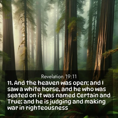 BasicEnglish Book of Revelation  ; image nature: image with the bible verse :And the heaven was open; and I saw a white horse, and he who was seated on it was named Certain and True; and he is judging and making war in righteousness. ; Discover beautiful Bible verse images that combine inspiring scripture with captivating nature photos. Download high-quality images featuring lush valleys, peaceful streams, and endless horizons like KJV Book of Revelation 19:11. Current verse is overlayed with the thematic nature scene : Coastal redwoods disappear into the fog high above a fern grove. ; 19:11