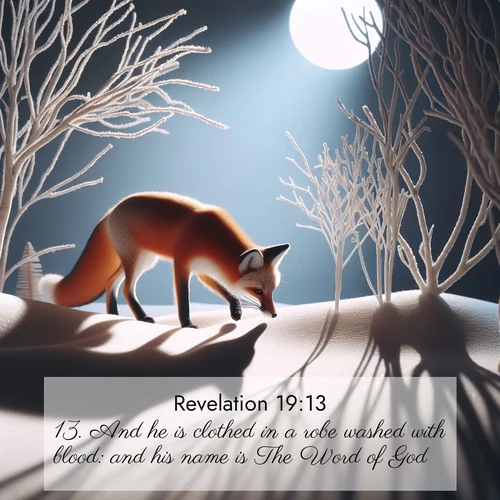 BasicEnglish Book of Revelation  ; image nature: image with the bible verse :And he is clothed in a robe washed with blood: and his name is The Word of God. ; Discover our curated gallery of Bible verse images with breathtaking scenery, from tranquil deserts to lush green pastures. Perfect for phone wallpapers or sharing online. Download verses like KJV Book of Revelation 19:13. Current verse is overlayed with the thematic nature scene : A red fox hunts through pristine snow. Moon shadows dance between bare trees. ; 19:13
