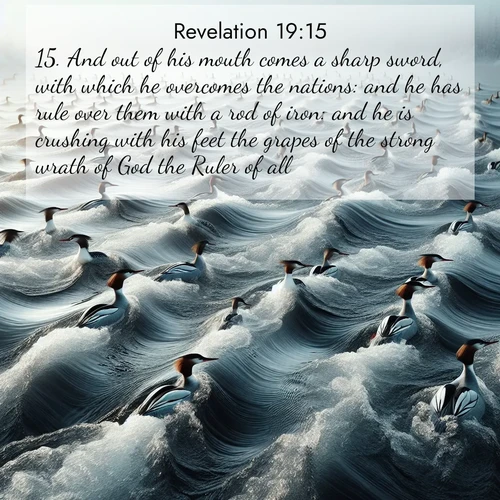 BasicEnglish Book of Revelation  ; image nature: image with the bible verse :And out of his mouth comes a sharp sword, with which he overcomes the nations: and he has rule over them with a rod of iron: and he is crushing with his feet the grapes of the strong wrath of God the Ruler of all. ; Explore a rich collection of Bible verse images beautifully illustrated by natural landscapes, such as colorful skies, towering mountains, and tranquil rivers. The images highlight the serenity of God&#039;s creation with vivid tones and carefully chosen typography. Download and share inspiring verses like KJV Book of Revelation 19:15. Current verse is overlayed with the thematic nature scene : Wild mergansers ride river rapids. Their wakes create endless patterns. ; 19:15