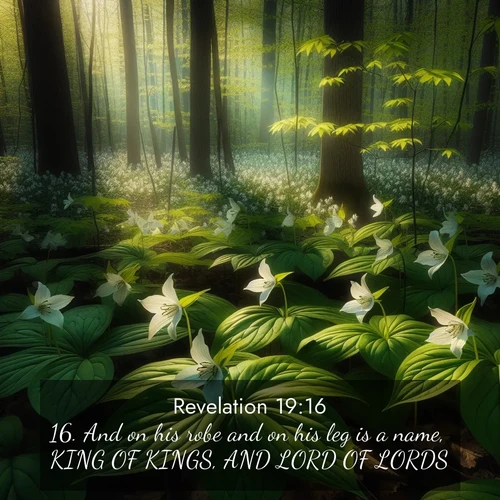 BasicEnglish Book of Revelation  ; image nature: image with the bible verse :And on his robe and on his leg is a name, KING OF KINGS, AND LORD OF LORDS. ; Browse a large collection of Bible verse images with photos showcasing the splendor of nature. Scenes of peaceful rivers, verdant valleys, and radiant skies enhance the inspiring verses. Each image reflects the serenity and joy of God&#039;s creation, with elegant text fonts. Download and share verses such as KJV Book of Revelation 19:16. Current verse is overlayed with the thematic nature scene : Wild trillium carpets the forest floor. Sunlight filters green through new spring leaves. ; 19:16