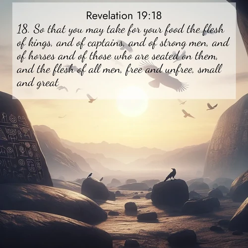 BasicEnglish Book of Revelation  ; image nature: image with the bible verse :So that you may take for your food the flesh of kings, and of captains, and of strong men, and of horses and of those who are seated on them, and the flesh of all men, free and unfree, small and great. ; Browse our selection of stunning Bible verse images featuring unique natural scenes like fiery autumn forests, serene meadows, and starlit skies. Download and share verses like KJV Book of Revelation 19:18 for free. Current verse is overlayed with the thematic nature scene : Desert petroglyphs tell ancient stories. Ravens soar past wearing shadows for wings. ; 19:18