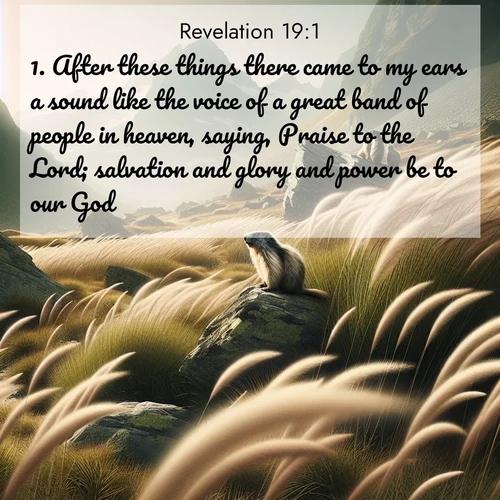BasicEnglish Book of Revelation  ; image nature: image with the bible verse :After these things there came to my ears a sound like the voice of a great band of people in heaven, saying, Praise to the Lord; salvation and glory and power be to our God: ; Browse a large collection of Bible verse images with photos showcasing the splendor of nature. Scenes of peaceful rivers, verdant valleys, and radiant skies enhance the inspiring verses. Each image reflects the serenity and joy of God&#039;s creation, with elegant text fonts. Download and share verses such as KJV Book of Revelation 19:1. Current verse is overlayed with the thematic nature scene : Mountain meadow grasses bend in alpine wind. Marmots whistle warnings from rocky outcrops. ; 19:1