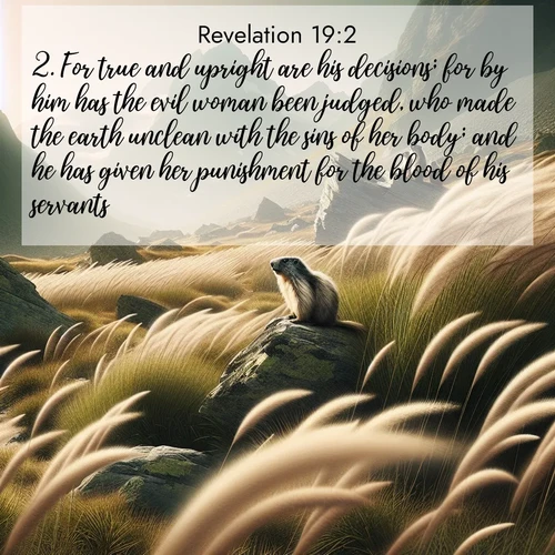 BasicEnglish Book of Revelation  ; image nature: image with the bible verse :For true and upright are his decisions; for by him has the evil woman been judged, who made the earth unclean with the sins of her body; and he has given her punishment for the blood of his servants. ; Explore Bible verses paired with beach photos, where waves gently crash on the sand and the sky glows with pastel hues at sunset. These scenes convey deep serenity. Download verses like KJV Book of Revelation 19:2. Current verse is overlayed with the thematic nature scene : Mountain meadow grasses bend in alpine wind. Marmots whistle warnings from rocky outcrops. ; 19:2
