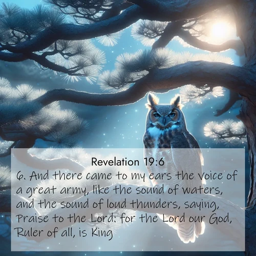 BasicEnglish Book of Revelation  ; image nature: image with the bible verse :And there came to my ears the voice of a great army, like the sound of waters, and the sound of loud thunders, saying, Praise to the Lord: for the Lord our God, Ruler of all, is King. ; Explore a unique collection of Bible verses illustrated by winter landscapes, such as snowy mountains, frosty forests, and starry skies. These images capture the peace and beauty of winter. Share verses like KJV Book of Revelation 19:6. Current verse is overlayed with the thematic nature scene : A great horned owl watches from ancient pine branches. Moonlight silvers its silent wings. ; 19:6