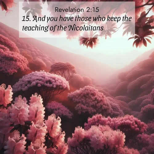 BBE Book of Revelation 2:15 overlaying nature image scene: Mountain laurel blooms paint hillsides pink. Spring breezes carry their honey scent.;15. And you have those who keep the teaching of the Nicolaitans.

