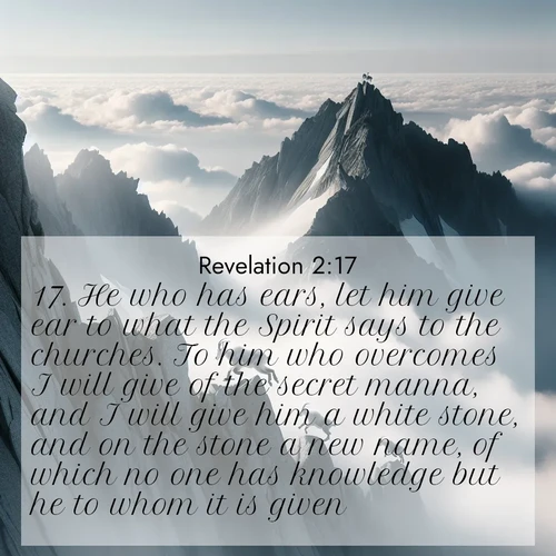 BBE Book of Revelation 2:17 overlaying nature image scene: Mountain goats navigate impossible peaks. Clouds swirl beneath their sure feet.;17. He who has ears, let him give ear to what the Spirit says to the churches. To him who overcomes I will give of the secret manna, and I will give him a white stone, and on the stone a new name, of which no one has knowledge but he to whom it is given.
