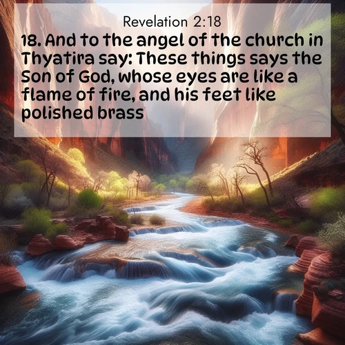 BBE Book of Revelation 2:18 overlaying nature image scene: Spring floods transform a desert canyon into a rushing river.;18. And to the angel of the church in Thyatira say: These things says the Son of God, whose eyes are like a flame of fire, and his feet like polished brass:

