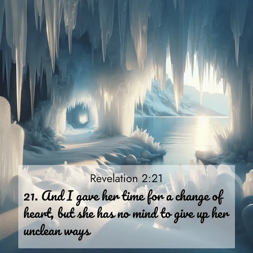 BBE Book of Revelation 2:21 overlaying nature image scene: Winter ice forms crystal caves along lake cliffs.;21. And I gave her time for a change of heart, but she has no mind to give up her unclean ways.