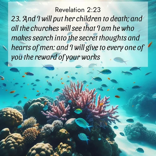 BBE Book of Revelation 2:23 overlaying nature image scene: Tropical fish dart through coral reefs in crystal-clear waters.;23. And I will put her children to death; and all the churches will see that I am he who makes search into the secret thoughts and hearts of men: and I will give to every one of you the reward of your works.