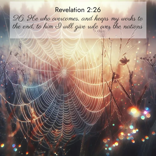 BBE Book of Revelation 2:26 overlaying nature image scene: Morning fog reveals spider web galaxies. Dew drops catch rainbow light.;26. He who overcomes, and keeps my works to the end, to him I will give rule over the nations,
