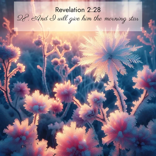 BBE Book of Revelation 2:28 overlaying nature image scene: Morning light reveals frost flowers. Rainbow crystals bloom on bare branches.;28. And I will give him the morning star.
