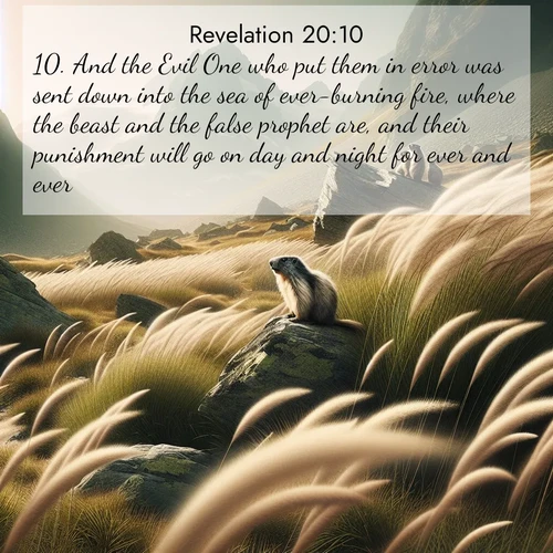 BasicEnglish Book of Revelation  ; image nature: image with the bible verse :And the Evil One who put them in error was sent down into the sea of ever-burning fire, where the beast and the false prophet are, and their punishment will go on day and night for ever and ever. ; Explore our gallery of inspiring Bible verse images showcasing divine beauty through nature. Download scenic images like snowy peaks, lush meadows, or radiant sunsets paired with verses like KJV Book of Revelation 20:10. Current verse is overlayed with the thematic nature scene : Mountain meadow grasses bend in alpine wind. Marmots whistle warnings from rocky outcrops. ; 20:10