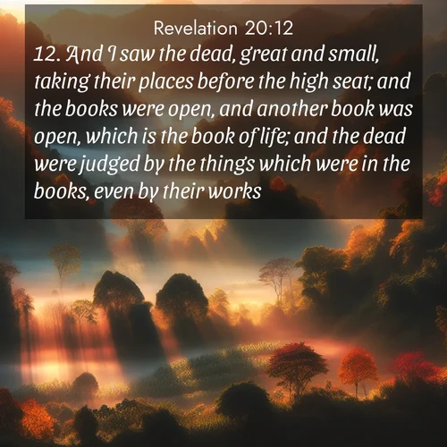 BasicEnglish Book of Revelation  ; image nature: image with the bible verse :And I saw the dead, great and small, taking their places before the high seat; and the books were open, and another book was open, which is the book of life; and the dead were judged by the things which were in the books, even by their works. ; Discover inspiring Bible verse images featuring natural wonders like lush forests, sunny horizons, and cascading waterfalls. Perfect for wallpapers or spiritual encouragement. Download verses like KJV Book of Revelation 20:12. Current verse is overlayed with the thematic nature scene : Autumn mist rises from warming morning valleys. ; 20:12