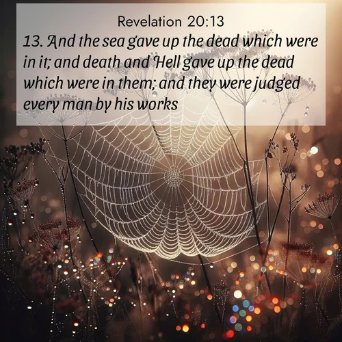 BasicEnglish Book of Revelation  ; image nature: image with the bible verse :And the sea gave up the dead which were in it; and death and Hell gave up the dead which were in them; and they were judged every man by his works. ; Admire Bible images representing autumn, with swirling leaves, misty skies, and vibrant trees. These images inspire profound spiritual reflection. Download and share verses like KJV Book of Revelation 20:13. Current verse is overlayed with the thematic nature scene : Morning fog reveals spider galaxies. Dew drops capture rainbow light. ; 20:13