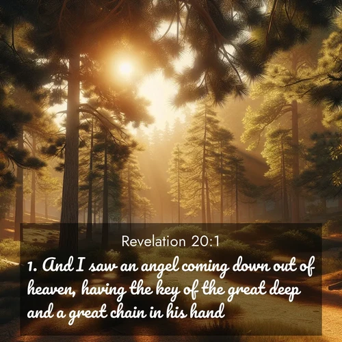 BasicEnglish Book of Revelation  ; image nature: image with the bible verse :And I saw an angel coming down out of heaven, having the key of the great deep and a great chain in his hand. ; Explore a spring collection of Bible images, with landscapes of green hills, wildflowers, and crystal-clear streams. These images symbolize the blossoming of God&#039;s creation. Download verses like KJV Book of Revelation 20:1. Current verse is overlayed with the thematic nature scene : Summer heat brings out the scent of pine needles. ; 20:1