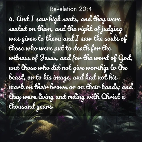 BasicEnglish Book of Revelation  ; image nature: image with the bible verse :And I saw high seats, and they were seated on them, and the right of judging was given to them: and I saw the souls of those who were put to death for the witness of Jesus, and for the word of God, and those who did not give worship to the beast, or to his image, and had not his mark on their brows or on their hands; and they were living and ruling with Christ a thousand years. ; Discover breathtaking Bible verse images combined with vibrant landscapes like rolling hills, blooming gardens, and starry nights. Use them as wallpapers or to inspire others. Download verses like KJV Book of Revelation 20:4. Current verse is overlayed with the thematic nature scene : Wild orchids bloom in forest shade. Filtered light reveals their grace. ; 20:4