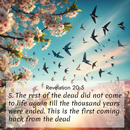 BasicEnglish Book of Revelation  ; image nature: image with the bible verse :The rest of the dead did not come to life again till the thousand years were ended. This is the first coming back from the dead. ; Discover Bible images illustrated by desert landscapes, like sand dunes, majestic rocks, and starry skies. These images symbolize the grandeur and immensity of God&#039;s creation. Download verses like KJV Book of Revelation 20:5. Current verse is overlayed with the thematic nature scene : Spring migration fills the sky with countless swallows. ; 20:5