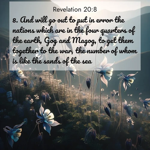 BasicEnglish Book of Revelation  ; image nature: image with the bible verse :And will go out to put in error the nations which are in the four quarters of the earth, Gog and Magog, to get them together to the war, the number of whom is like the sands of the sea. ; Explore a stunning collection of Bible verse images featuring picturesque scenery like sun-drenched meadows, tranquil lakes, and majestic forests. All images are free to download and share. Verses include KJV Book of Revelation 20:8. Current verse is overlayed with the thematic nature scene : Wild columbines dance on impossibly thin stems. Mountain breezes carry their perfume. ; 20:8