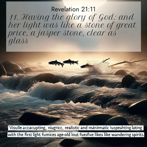 BasicEnglish Book of Revelation  ; image nature: image with the bible verse :Having the glory of God: and her light was like a stone of great price, a jasper stone, clear as glass: ; Discover Bible images capturing the splendor of deserts, with golden dunes, vast skies, and peaceful oases. These landscapes highlight the grandeur and serenity of God&#039;s creation. Share verses like KJV Book of Revelation 21:11. Current verse is overlayed with the thematic nature scene : Wild salmon leap ancient rapids. Mist rises like spirits at dawn. ; 21:11