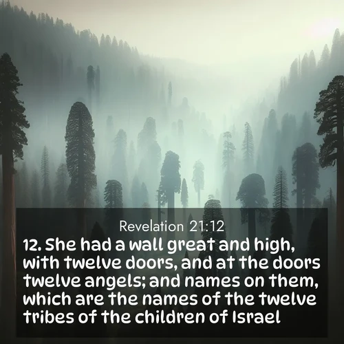 BasicEnglish Book of Revelation  ; image nature: image with the bible verse :She had a wall great and high, with twelve doors, and at the doors twelve angels; and names on them, which are the names of the twelve tribes of the children of Israel. ; Admire Bible verse images illustrated by desert scenes, such as sunsets over dunes, majestic rocks, and solitary cacti. These images capture the majesty of God in arid places. Download and share verses like KJV Book of Revelation 21:12. Current verse is overlayed with the thematic nature scene : Ancient sequoias pierce through valley fog. Centuries of growth reach for filtered light. ; 21:12