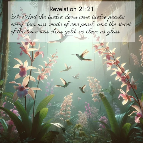BasicEnglish Book of Revelation  ; image nature: image with the bible verse :And the twelve doors were twelve pearls; every door was made of one pearl; and the street of the town was clear gold, as clear as glass. ; Discover tranquil Bible verse images enhanced with natural scenery like rippling brooks, snow-covered fields, and sunlit beaches. These free images are perfect for wallpapers or spiritual reflection. Share KJV Book of Revelation 21:21. Current verse is overlayed with the thematic nature scene : Wild orchids bloom in rainforest canopy. Hummingbirds dance between delicate petals. ; 21:21