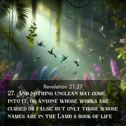 BasicEnglish Book of Revelation  ; image nature: image with the bible verse :And nothing unclean may come into it, or anyone whose works are cursed or false; but only those whose names are in the Lamb&#039;s book of life. ; Explore Bible verse images beautifully illustrated with spring scenes, such as blooming meadows, trees in full bloom, and tranquil streams. These landscapes convey divine hope and vitality. Download and share verses like KJV Book of Revelation 21:27. Current verse is overlayed with the thematic nature scene : Wild orchids bloom in a rainforest canopy. Hummingbirds dart between the delicate flowers. ; 21:27