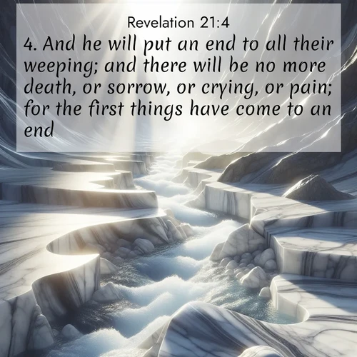 BasicEnglish Book of Revelation  ; image nature: image with the bible verse :And he will put an end to all their weeping; and there will be no more death, or sorrow, or crying, or pain; for the first things have come to an end. ; Explore Bible verses paired with beach photos, where waves gently crash on the sand and the sky glows with pastel hues at sunset. These scenes convey deep serenity. Download verses like KJV Book of Revelation 21:4. Current verse is overlayed with the thematic nature scene : Mountain streams carve marble smooth. Sunlight dances on clear pools. ; 21:4