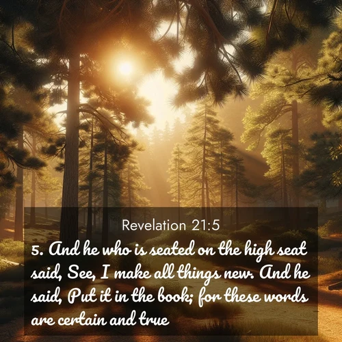 BasicEnglish Book of Revelation  ; image nature: image with the bible verse :And he who is seated on the high seat said, See, I make all things new. And he said, Put it in the book; for these words are certain and true. ; Browse our collection of vibrant Bible verse images set against calming backdrops like tropical shores, quiet woods, and majestic mountains. Download free wallpapers featuring KJV Book of Revelation 21:5. Current verse is overlayed with the thematic nature scene : Summer heat brings out the scent of pine needles. ; 21:5
