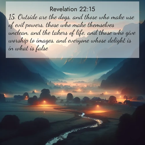 BasicEnglish Book of Revelation  ; image nature: image with the bible verse :Outside are the dogs, and those who make use of evil powers, those who make themselves unclean, and the takers of life, and those who give worship to images, and everyone whose delight is in what is false. ; Download high-resolution Bible verse images showcasing the beauty of God&#039;s creation—from radiant sunsets to tranquil rivers. Free for use as wallpapers or sharing verses like KJV Book of Revelation 22:15. Current verse is overlayed with the thematic nature scene : Morning mist rises from valley streams. Birdsong heralds the dawn chorus. ; 22:15
