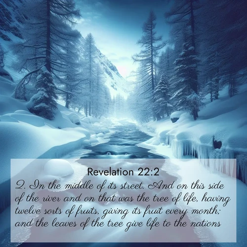 BasicEnglish Book of Revelation  ; image nature: image with the bible verse :In the middle of its street. And on this side of the river and on that was the tree of life, having twelve sorts of fruits, giving its fruit every month; and the leaves of the tree give life to the nations. ; Admire Bible verse images capturing the beauty of beaches, with turquoise waters, palm trees, and peaceful shores. These soothing scenes reflect God&#039;s serenity and majesty. Download and share verses like KJV Book of Revelation 22:2. Current verse is overlayed with the thematic nature scene : A mountain stream disappears beneath winter ice. Its song continues in hidden chambers. ; 22:2