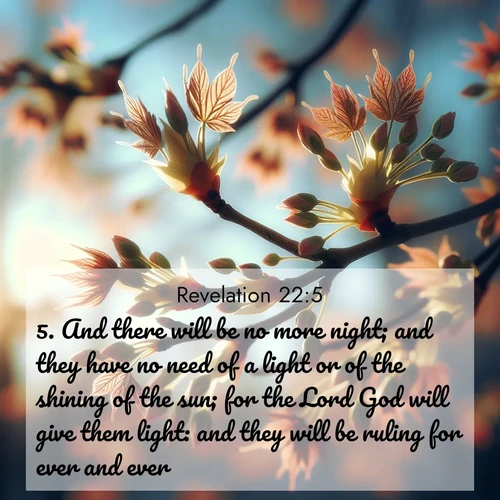 BasicEnglish Book of Revelation  ; image nature: image with the bible verse :And there will be no more night; and they have no need of a light or of the shining of the sun; for the Lord God will give them light: and they will be ruling for ever and ever. ; Explore winter-themed Bible verse images illustrated by snowy mountains, frost-covered branches, and clear skies. These landscapes reflect divine purity and peace. Download verses like KJV Book of Revelation 22:5. Current verse is overlayed with the thematic nature scene : Spring buds burst open on maple branches against a blue sky. ; 22:5