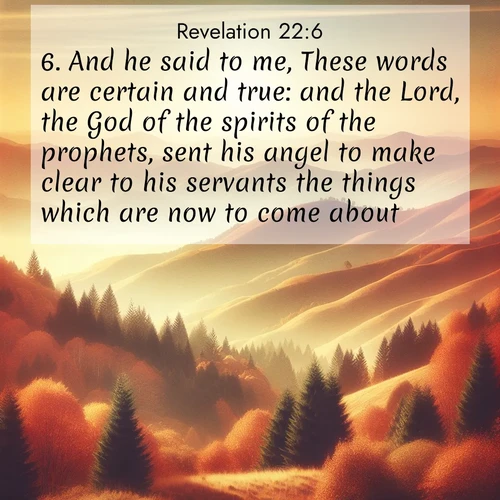BasicEnglish Book of Revelation  ; image nature: image with the bible verse :And he said to me, These words are certain and true: and the Lord, the God of the spirits of the prophets, sent his angel to make clear to his servants the things which are now to come about. ; Explore our vast collection of images featuring beautifully illustrated Bible verses accompanied by nature photos. Discover inspiring and motivating verses paired with soothing landscapes, like shimmering lakes, majestic mountains, and lush forests. Our images highlight the peaceful beauty of God&#039;s creation with vibrant colors and varied fonts. Download and share verse images like KJV Book of Revelation 22:6. Current verse is overlayed with the thematic nature scene : Autumn colors paint hillsides in warm earth tones. ; 22:6