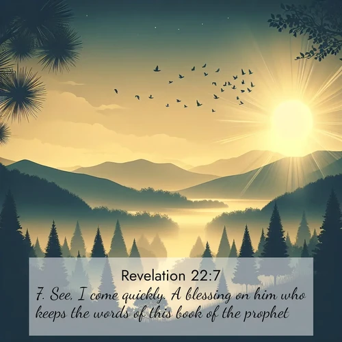 BasicEnglish Book of Revelation  ; image nature: image with the bible verse :See, I come quickly. A blessing on him who keeps the words of this book of the prophet. ; Discover beautiful Bible verse images enriched with natural landscapes, from serene beaches to cascading waterfalls. All images are free and ready to download. Share verses such as KJV Book of Revelation 22:7. Current verse is overlayed with the thematic nature scene : Morning mist reveals hidden valleys. Birdsong heralds the dawn. ; 22:7